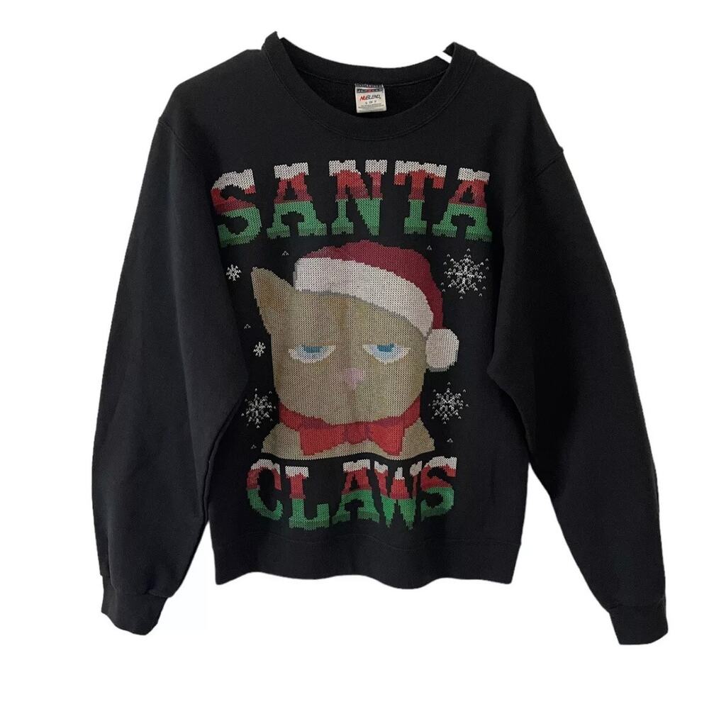 Holiday Time Ugly Christmas Men's Sweater Santa Claws Black Crewneck Size Small - Picture 2 of 7